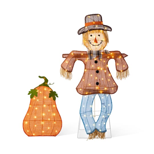 Glitzhome® Lighted Fall Scarecrow & Pumpkin Outdoor Decor with Warm White LED Lights Set | 28.75" x 2.75" x 47.5" | Michaels®